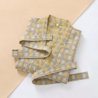Ownkoti Soft Yellow Grey Cotton Plaid Kimono Robe - image 8