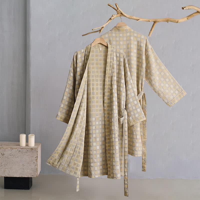 Ownkoti Soft Yellow Grey Cotton Plaid Kimono Robe - image 2
