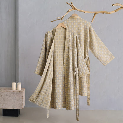Ownkoti Soft Yellow Grey Cotton Plaid Kimono Robe - image 2
