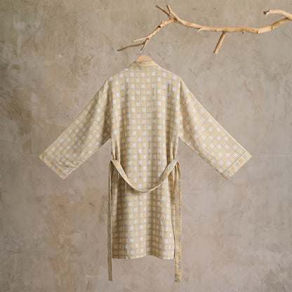 Ownkoti Soft Yellow Grey Cotton Plaid Kimono Robe - image 1
