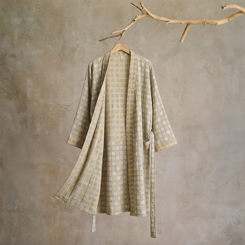 Ownkoti Soft Yellow Grey Cotton Plaid Kimono Robe - L - image 0
