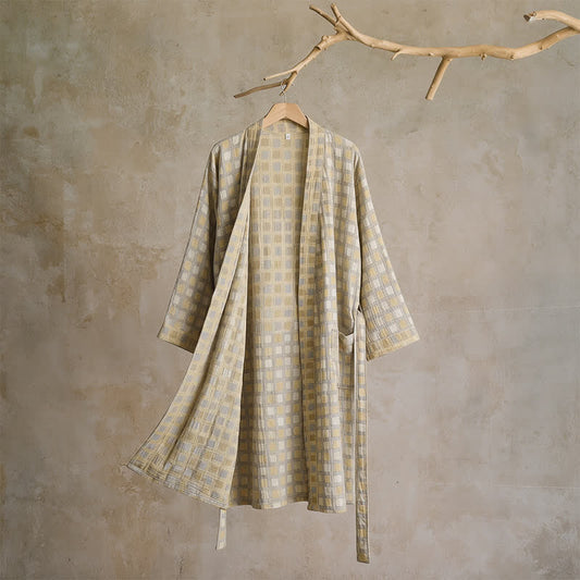 Ownkoti Soft Yellow Grey Cotton Plaid Kimono Robe - L - image 0