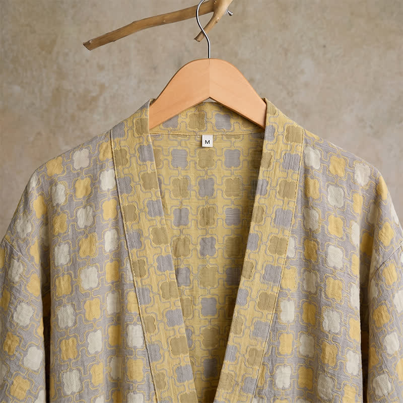 Ownkoti Soft Yellow Grey Cotton Plaid Kimono Robe - image 5