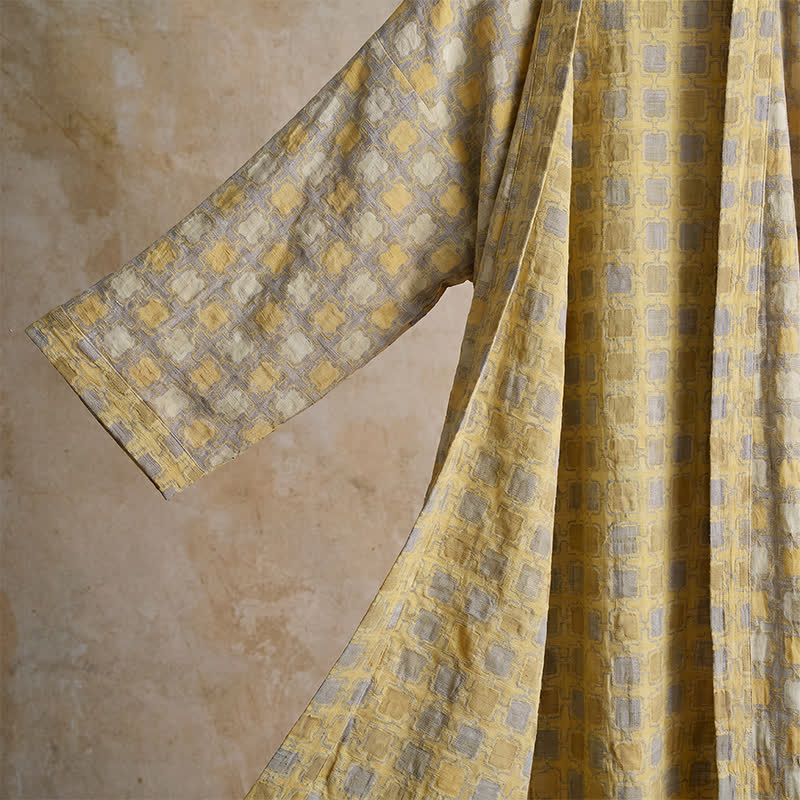 Ownkoti Soft Yellow Grey Cotton Plaid Kimono Robe - image 3