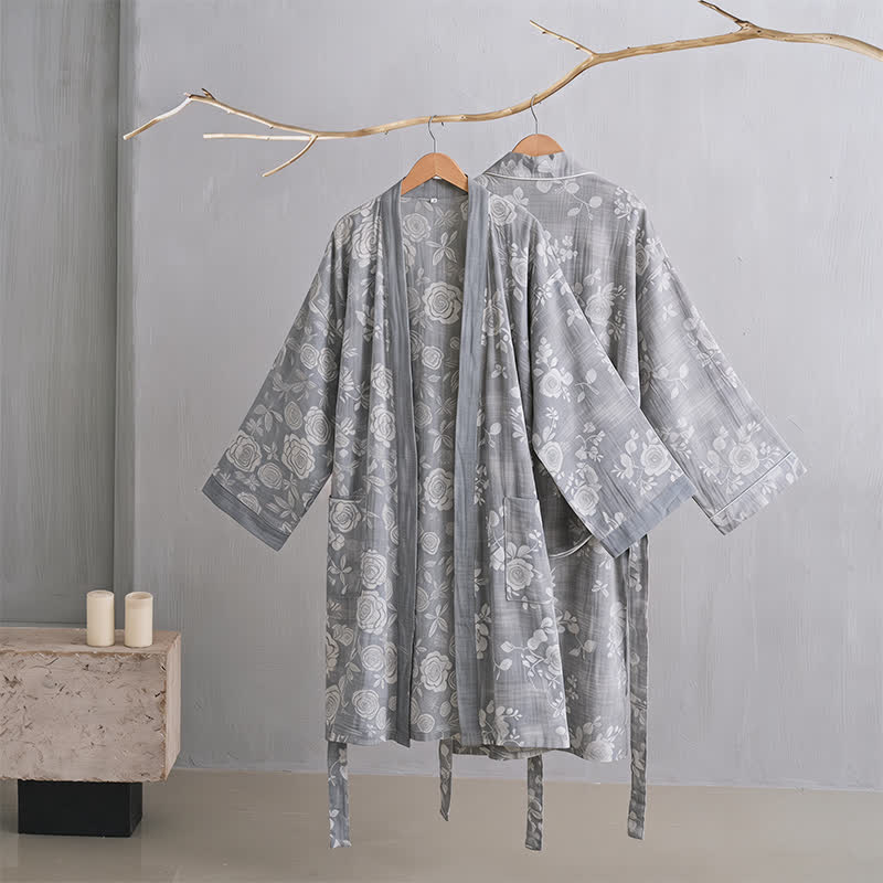 Ownkoti Cotton Dusty Blue Rose Print Kimono Robe - image 2