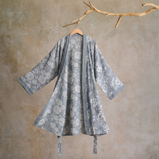 Ownkoti Cotton Dusty Blue Rose Print Kimono Robe - L - image 0