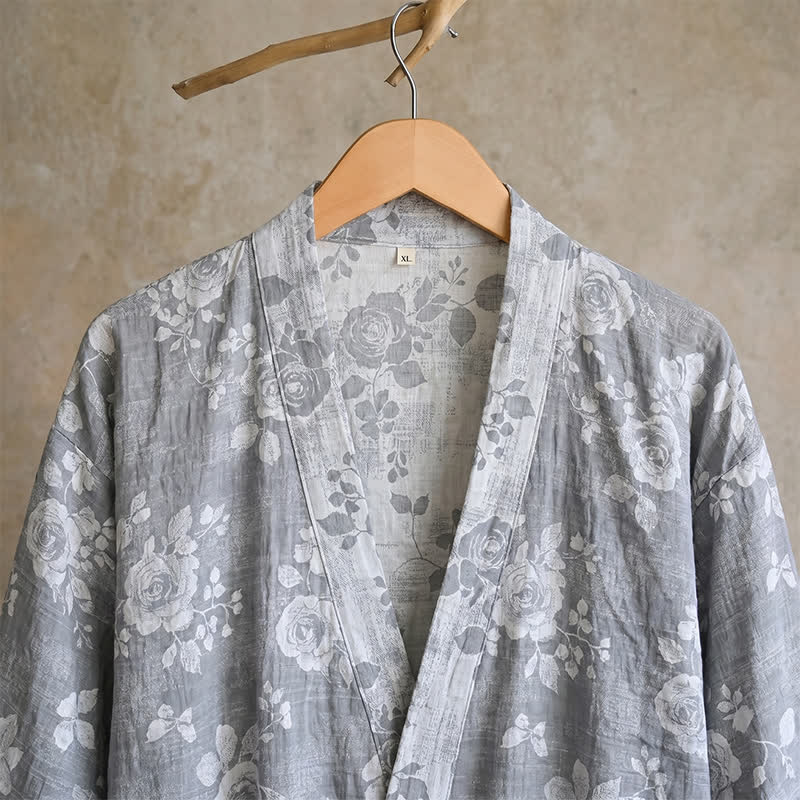Ownkoti Cotton Dusty Blue Rose Print Kimono Robe - image 5