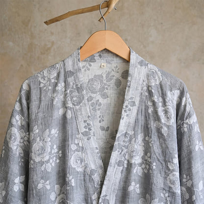 Ownkoti Cotton Dusty Blue Rose Print Kimono Robe - image 5