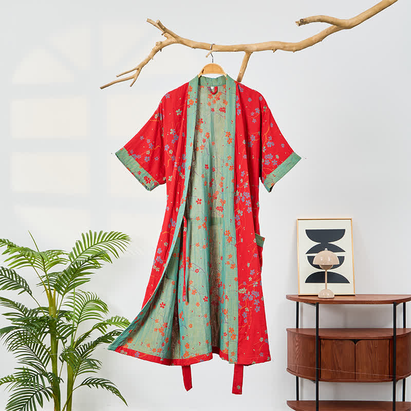 Ownkoti Kimono Style Short Sleeve Muslin Bathrobe - Red - 2XL - image 9