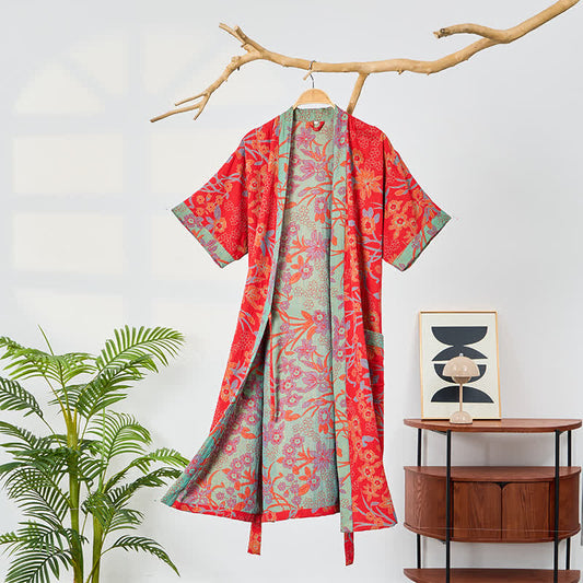 Ownkoti Bohemian Floral Muslin Gauze Kimono Robe - Red - 2XL - image 0