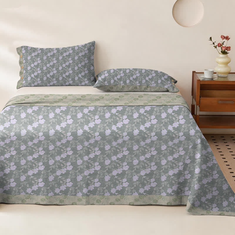 Ownkoti Elegant Floral Cotton Double Gauze Bedspread - Bedspread with 2PCS Pillowcases - King - Gray&Green - image 9