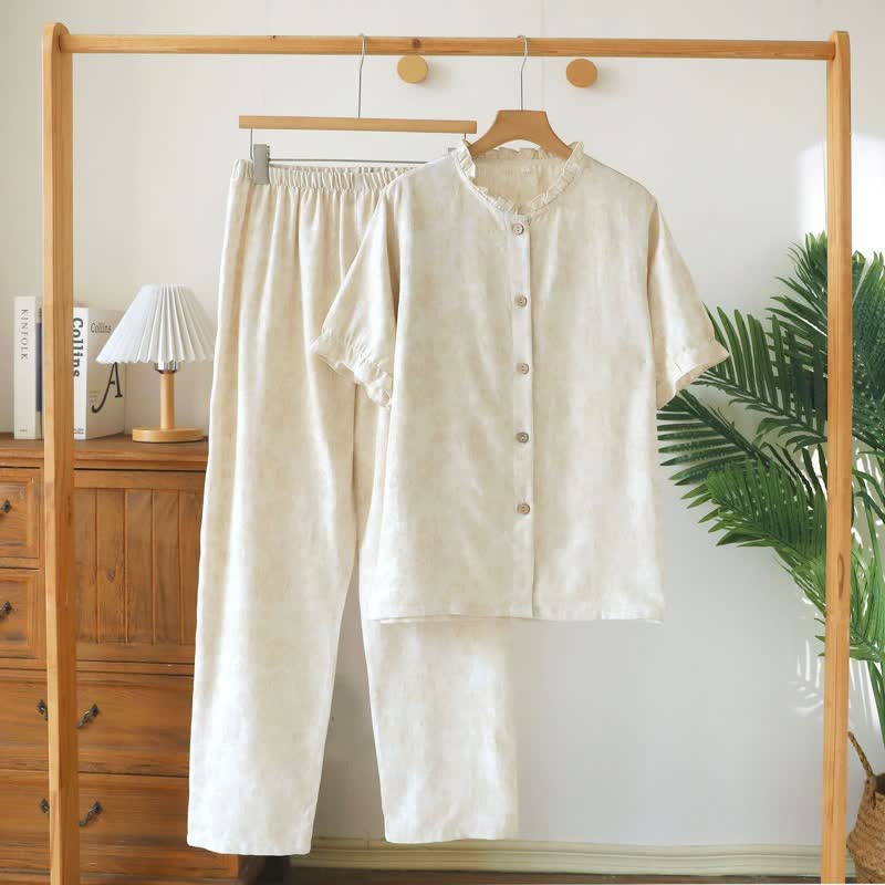 Ownkoti Ruffle Trim Cotton Linen Women's Pajamas - image 2