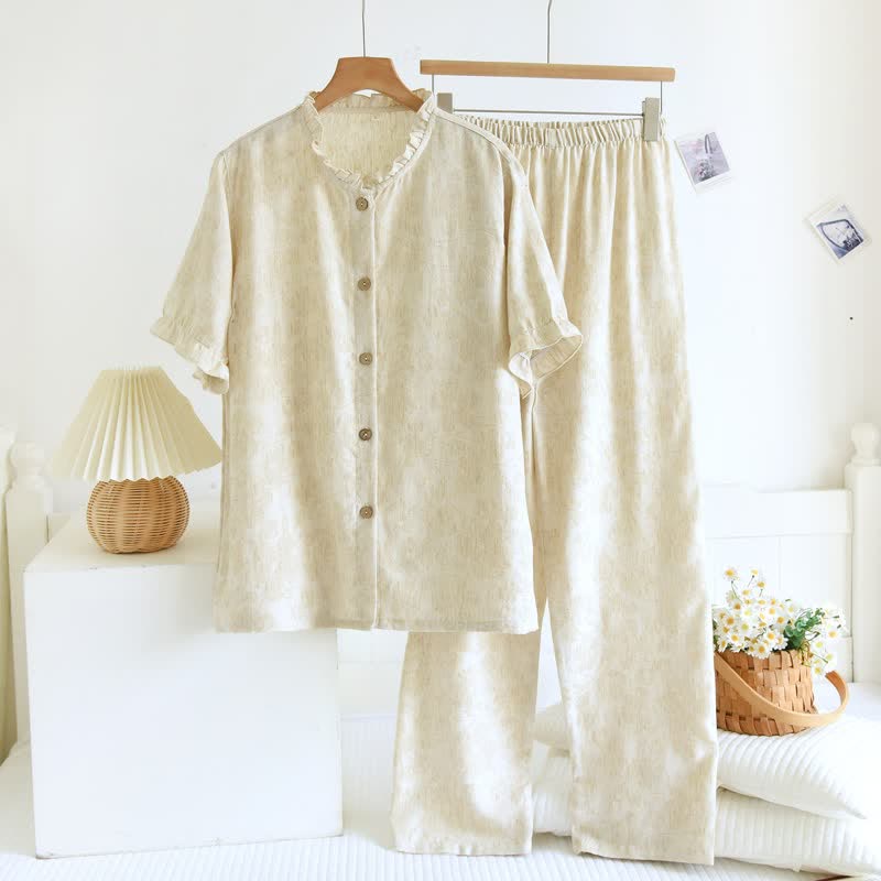 Ownkoti Ruffle Trim Cotton Linen Women's Pajamas - Beige - XXL - image 0
