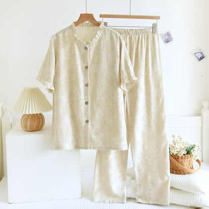 Ownkoti Ruffle Trim Cotton Linen Women's Pajamas - Beige - XXL - image 0