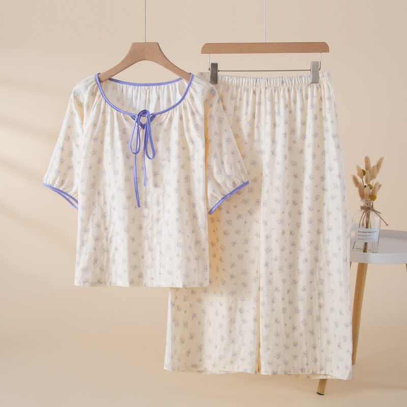 Ownkoti Floral Cotton Tie Neck Women's Pajamas - Light Purple - XL - image 1