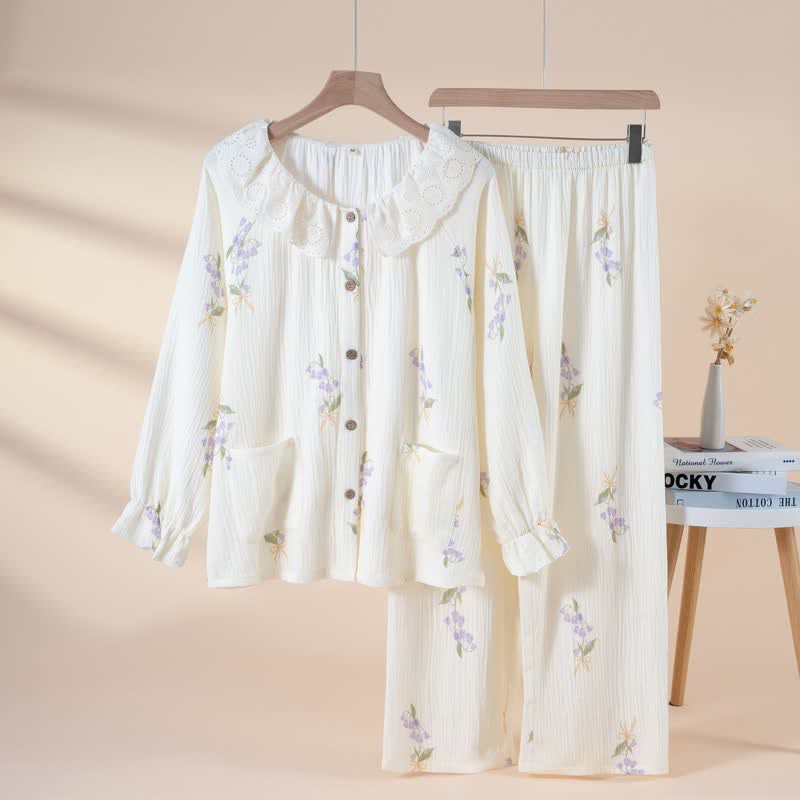 Ownkoti Purple Floral Cotton Gauze Ruffle Pajamas - Beige - XL - image 0