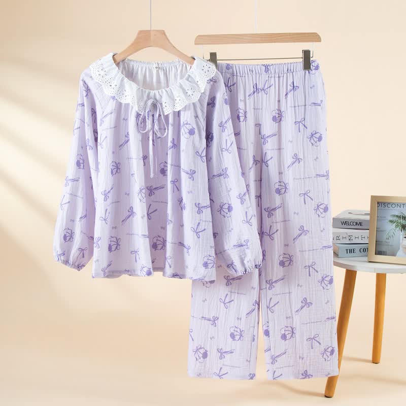 Ownkoti Sweet Cherry & Bow Cotton Gauze Pajamas - Purple - XL - image 2