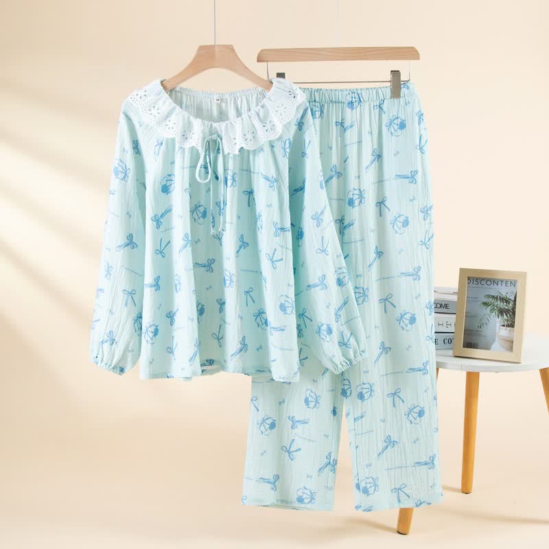 Ownkoti Sweet Cherry & Bow Cotton Gauze Pajamas - Blue - XL - image 7