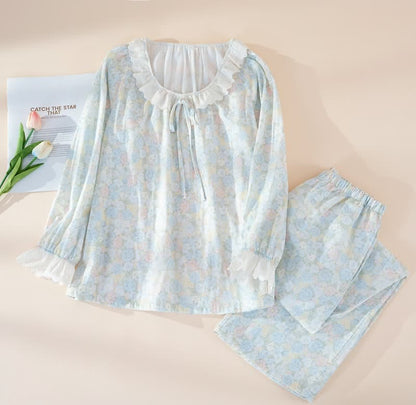 Ownkoti Rustic Floral Cotton Gauze Ruffle Pajamas - Blue - XL - image 11