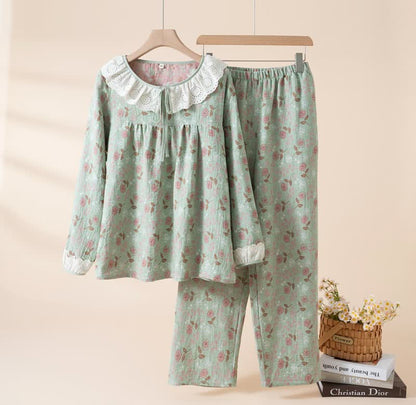 Ownkoti Rose Cotton Gauze Lace Loungewear Set - Green - XL - image 8