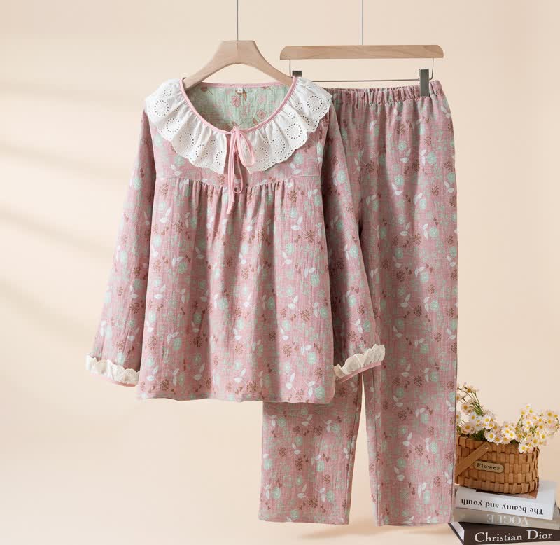 Ownkoti Rose Cotton Gauze Lace Loungewear Set - Pink - XL - image 2