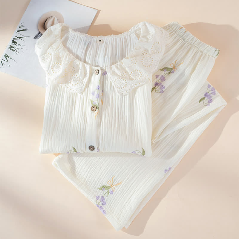 Ownkoti Purple Floral Cotton Gauze Ruffle Pajamas - image 1