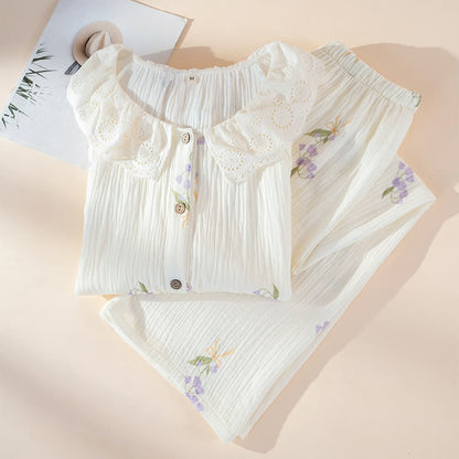 Ownkoti Purple Floral Cotton Gauze Ruffle Pajamas - image 1