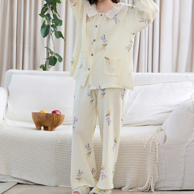 Ownkoti Purple Floral Cotton Gauze Ruffle Pajamas - image 4