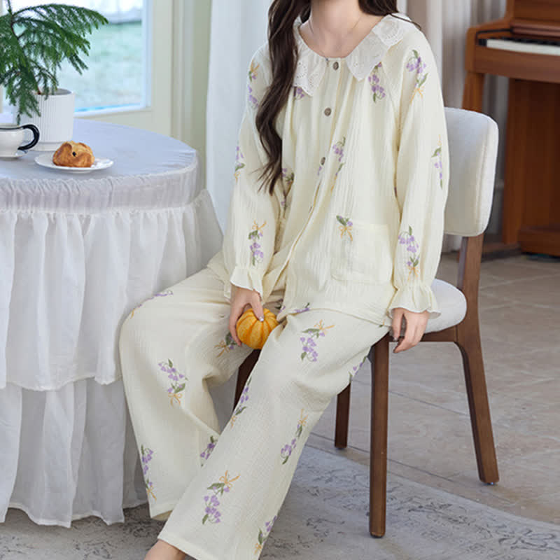 Ownkoti Purple Floral Cotton Gauze Ruffle Pajamas - image 3