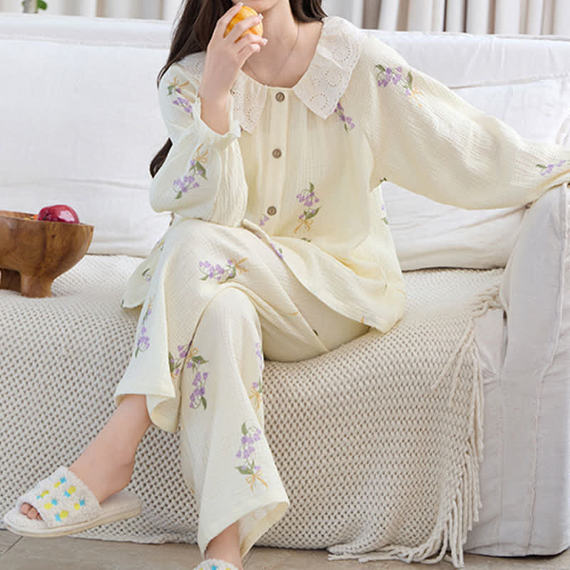 Ownkoti Purple Floral Cotton Gauze Ruffle Pajamas - image 2