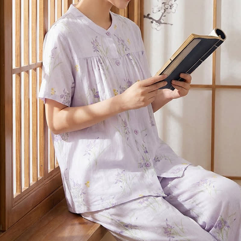 Ownkoti Elegant Purple Floral Cotton Gauze Pajamas - image 4