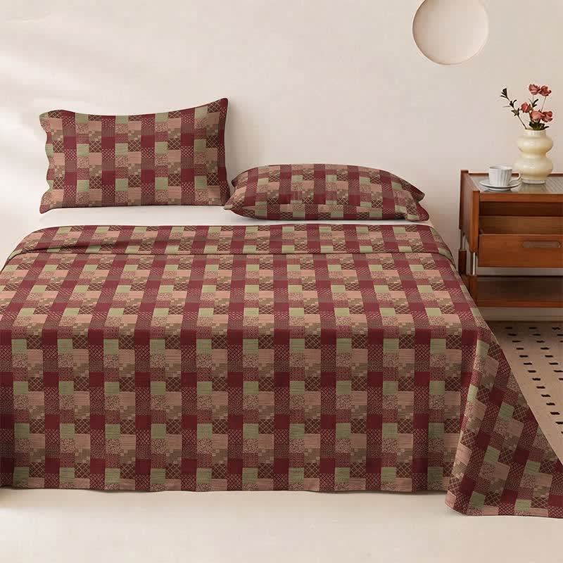 Ownkoti Retro Patchwork Style Cotton Gauze Bedspread - Bedspread with 2PCS Pillowcases - King - Red - image 0