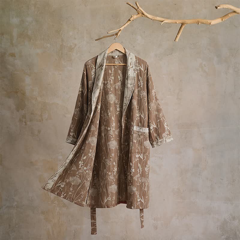 Ownkoti Vintage Botanical Cotton Double Gauze Robe - Brown - XL - image 12