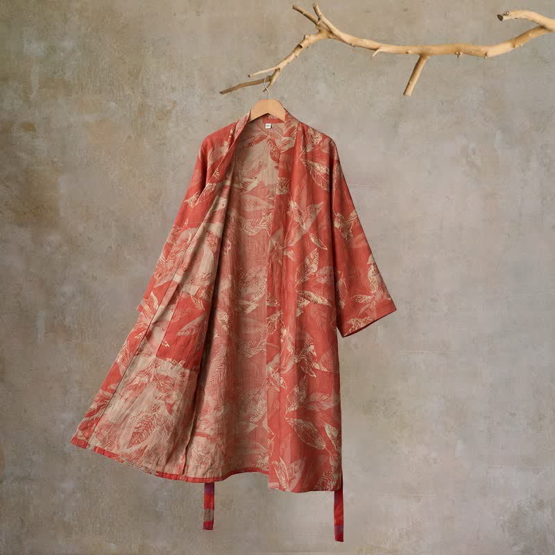 Ownkoti Coral Leaf Cotton Gauze Kimono Bathrobe - Red - XL - image 0