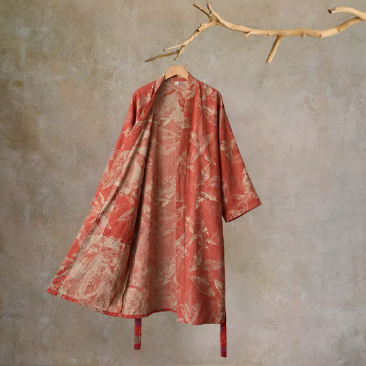 Ownkoti Coral Leaf Cotton Gauze Kimono Bathrobe - Red - XL - image 0