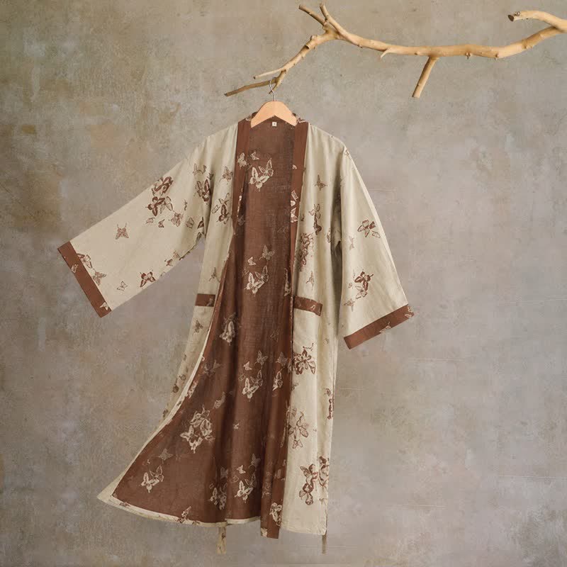 Ownkoti Elegant Butterfly Cotton Kimono Bathrobe - Beige - 2XL - image 9