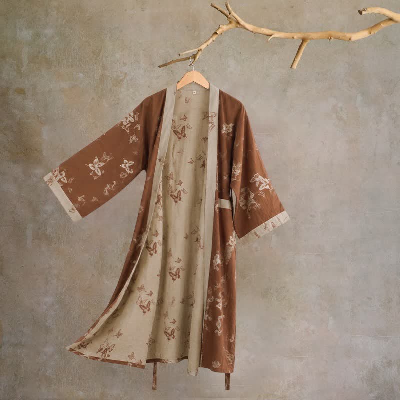 Ownkoti Elegant Butterfly Cotton Kimono Bathrobe - Coffee - 2XL - image 0