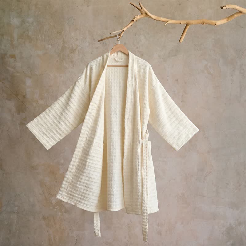 Ownkoti Cotton Waffle Weave Kimono Bathrobe - Beige - XL - image 12