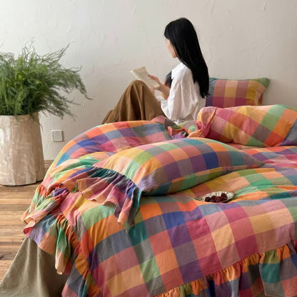 Ownkoti Colorful Plaid Ruffled Cotton Bedding Set (4PCS) - image 3