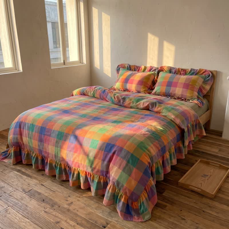 Ownkoti Colorful Plaid Ruffled Cotton Bedding Set (4PCS) - image 1