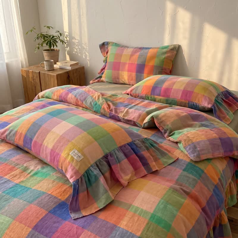 Ownkoti Colorful Plaid Ruffled Cotton Bedding Set (4PCS) - image 2