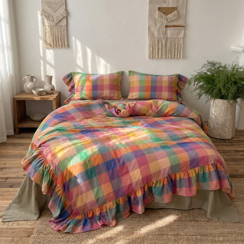 Ownkoti Colorful Plaid Ruffled Cotton Bedding Set (4PCS) - King - image 0