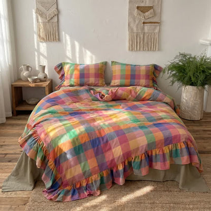 Ownkoti Colorful Plaid Ruffled Cotton Bedding Set (4PCS) - King - image 0