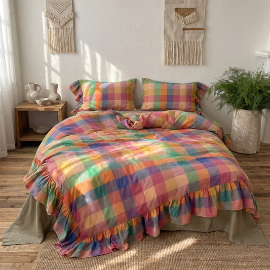 Ownkoti Colorful Plaid Ruffled Cotton Bedding Set (4PCS) - King - image 0