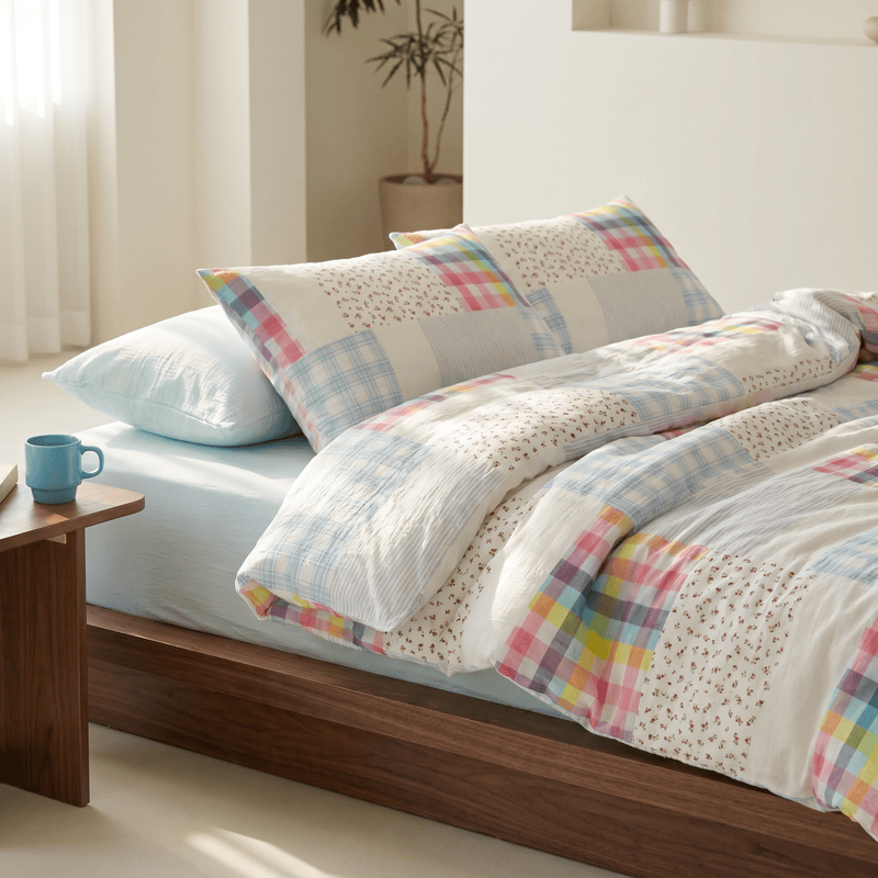 Ownkoti Rainbow Plaid Patchwork Floral Cotton Bedding Set (4PCS) - image 1