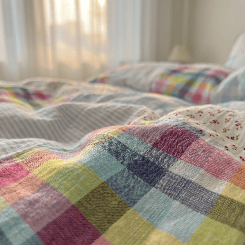 Ownkoti Rainbow Plaid Patchwork Floral Cotton Bedding Set (4PCS) - image 6