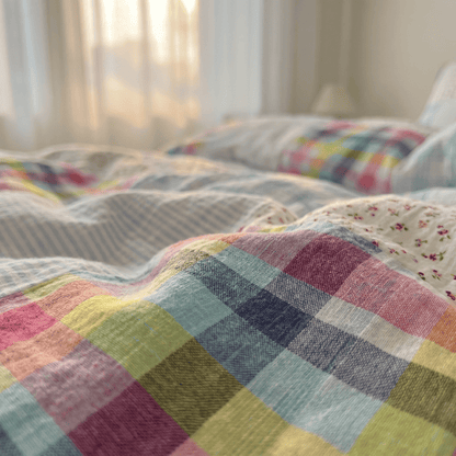 Ownkoti Rainbow Plaid Patchwork Floral Cotton Bedding Set (4PCS) - image 6