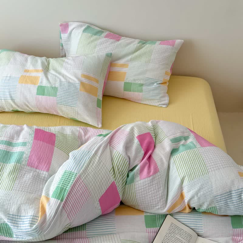 Ownkoti Multicolor Pastel Patchwork Cotton Bedding Set (4PCS) - Yellow - Fitted sheet - King - image 7