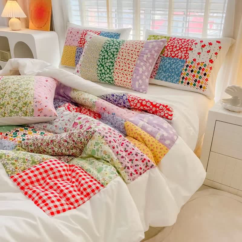 Ownkoti Colorful Patchwork Cotton Floral Bedding Set - White - 4pcs Bedding Set - Queen - image 0