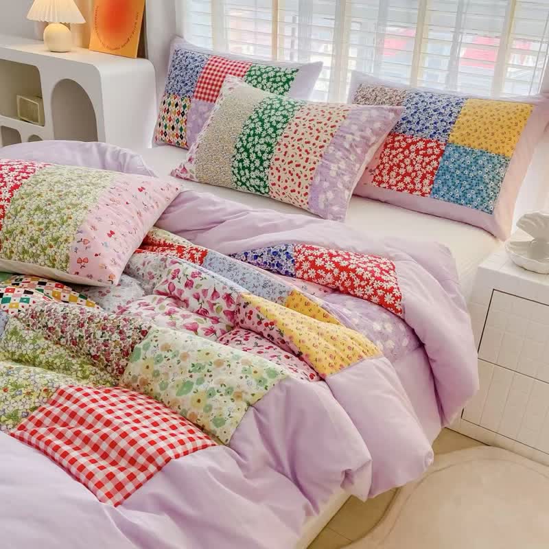 Ownkoti Colorful Patchwork Cotton Floral Bedding Set - Purple - 4pcs Bedding Set - Queen - image 5
